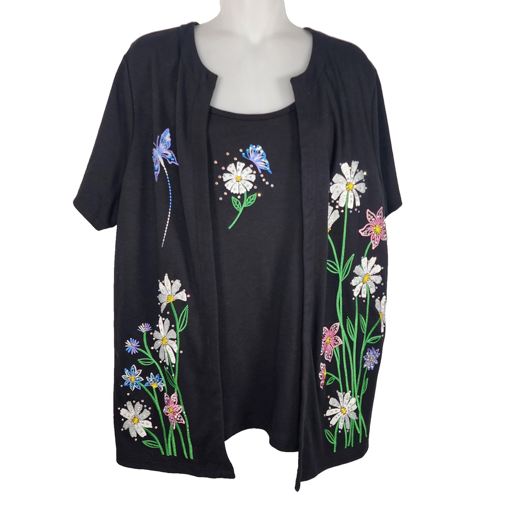 Quacker Factory Wildflowers Embroidered Short Sleeve Knit Duet 1X Black A287071